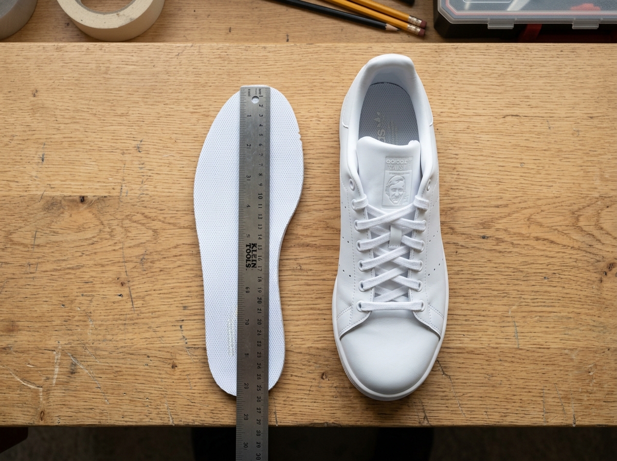 Adidas Stan Smith insole measured at 27.3 centimeters with a metal ruler