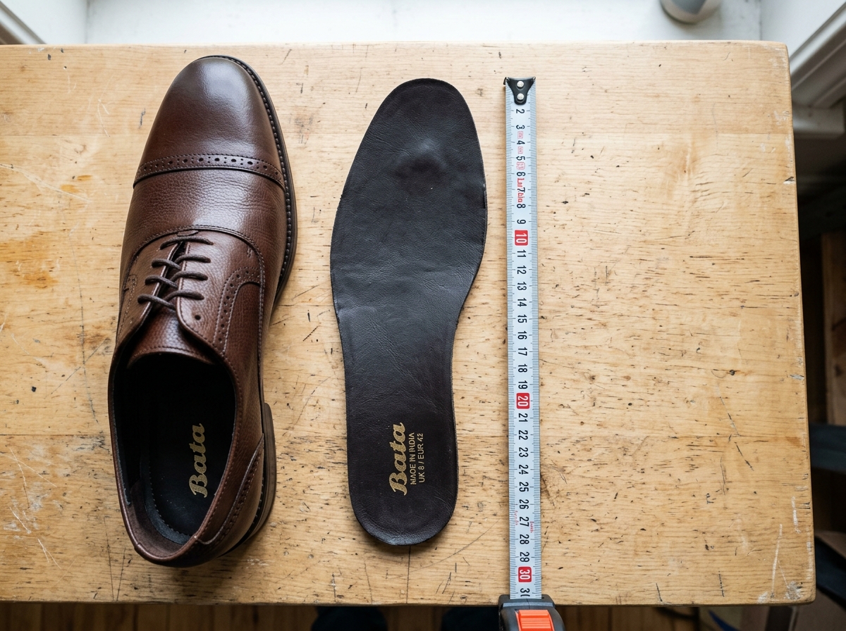 Bata dress shoe insole measured at 27.2 centimeters with a measuring tape