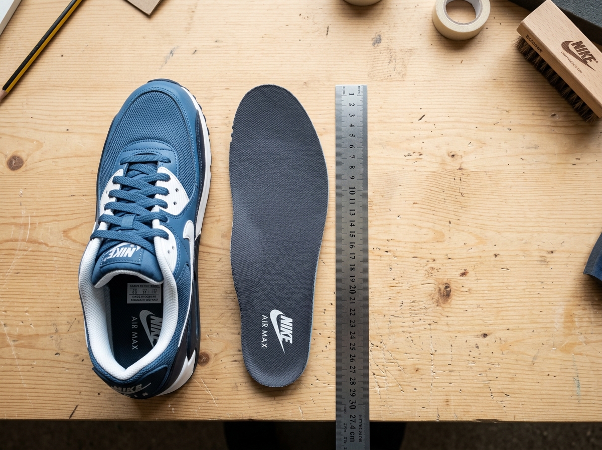 Nike Air sneaker insole measured at 27.4 centimeters with a steel ruler